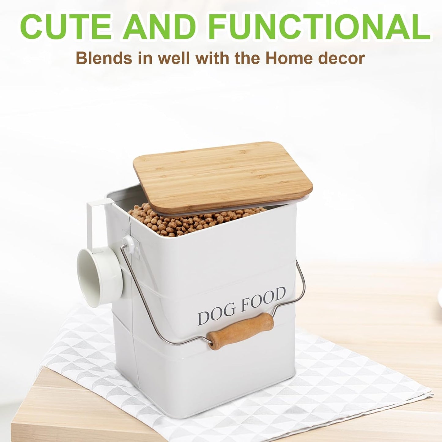 Dog Food storage container Dog Treats Jar,5~6 lb Metal food treats tin for Dog, pet snacks Canisters with wooden lid/handle/sevice scoop-White