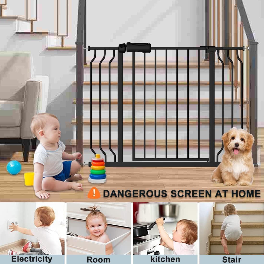 48-53 Inch Extra Wide Baby Gate for Stairs, Safety Dog Gate for Doorways, Pressure Mounted Walk Through Child Gate for Kids Pets No Drill Indoor and Outdoor, Black