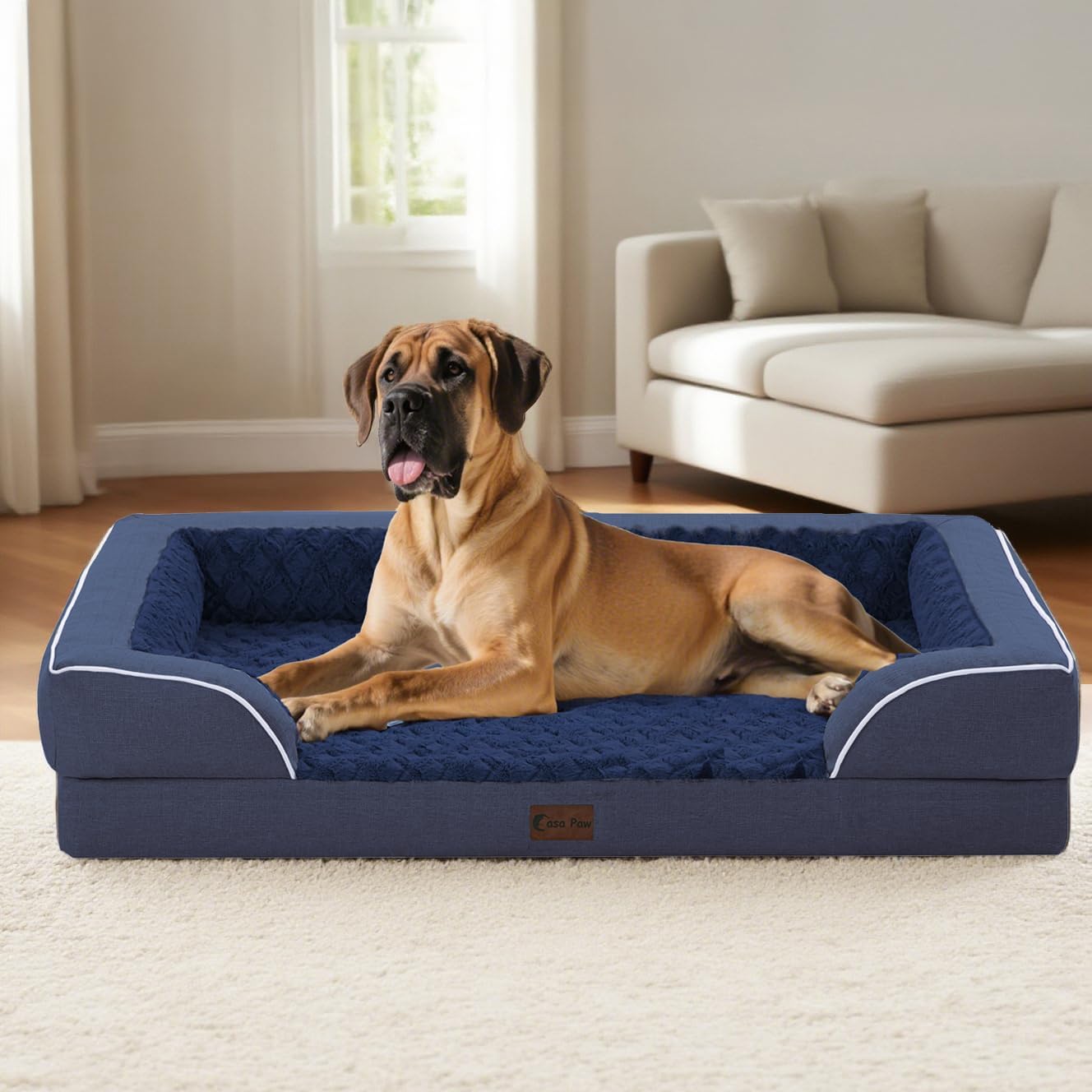 Orthopedic XXL Dog Bed for Extra Large Dogs, Waterproof Memory Foam Dogs Bed with Sides, Egg-Crate Foam and Non-Slip Bottom Big Dog Couch Bed with Washable Removable Cover(XX-large,Navy Blue)