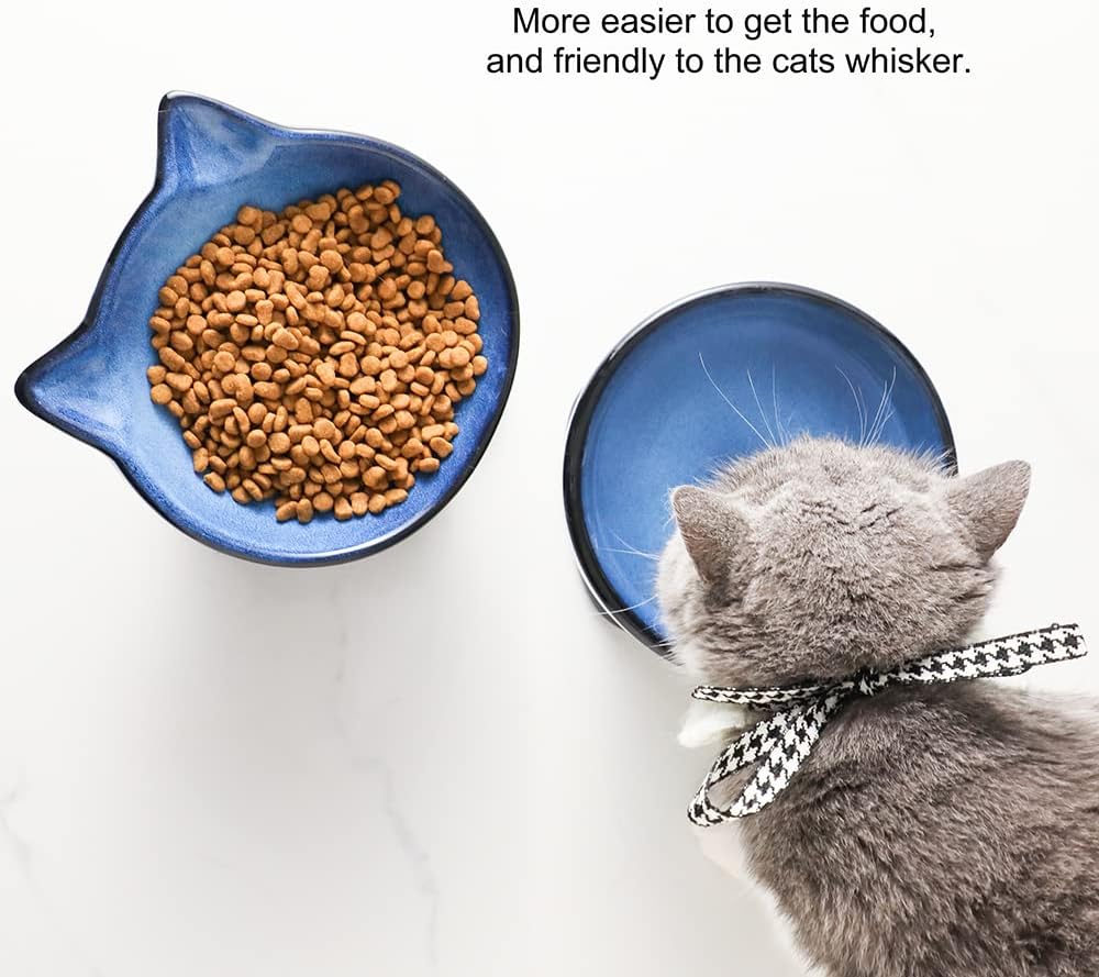 Nihow Elevated Cat/Dog Bowls Set : 6.2 Inch Ceramic Raised Cat Food & Water Bowl Set for Protecting Pet's Spine - Feeding & Watering Supplies for Cat/Small Size Dog - Elegant Blue & Black (2 PC)