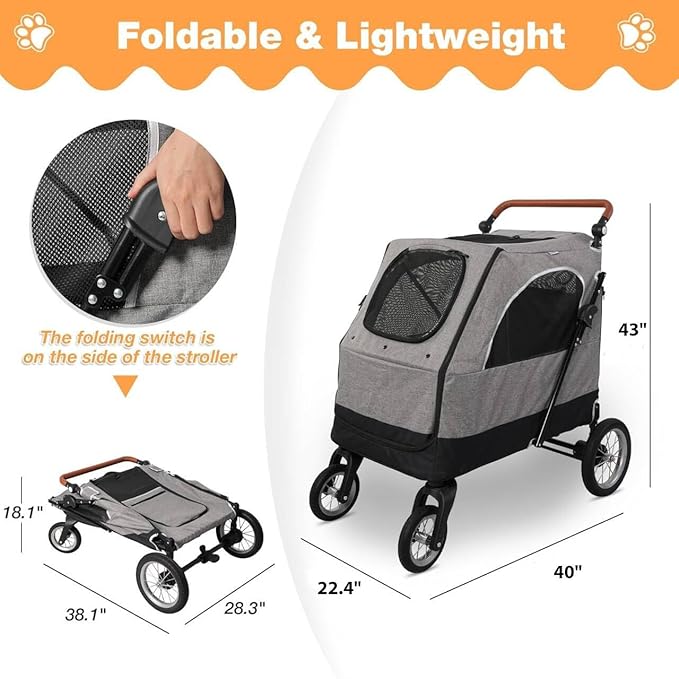 4 Wheel Pet Stroller with Storage Basket - Foldable & Breathable with Mesh Skylight, Large Dog Stroller with Adjustable Handle - Ideal for Travel and Walking with Medium to Large Dogs, Up to 120 lbs