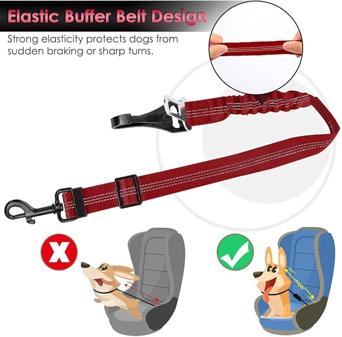 SlowTon 2 Pack Dog Seat Belt, 2 in 1 Attachment, Hook Latch Bar or Seatbelt Buckle with Elastic Nylon Bungee Buffer Adjustable Reflective Nylon Safety Belt Tether Connect to Dog Harness (2pack-R)