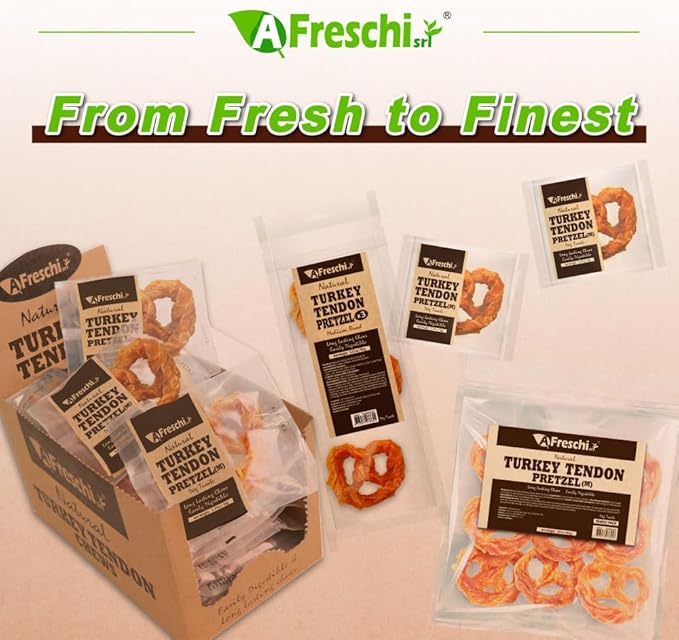 Afreschi Natural Turkey Tendon Pretzel (M) 10 oz, USA-Sourced Turkey Tendon, All Natural Puppy Chew, Hypoallergenic, Rawhide Alternative, for Medium Breeds