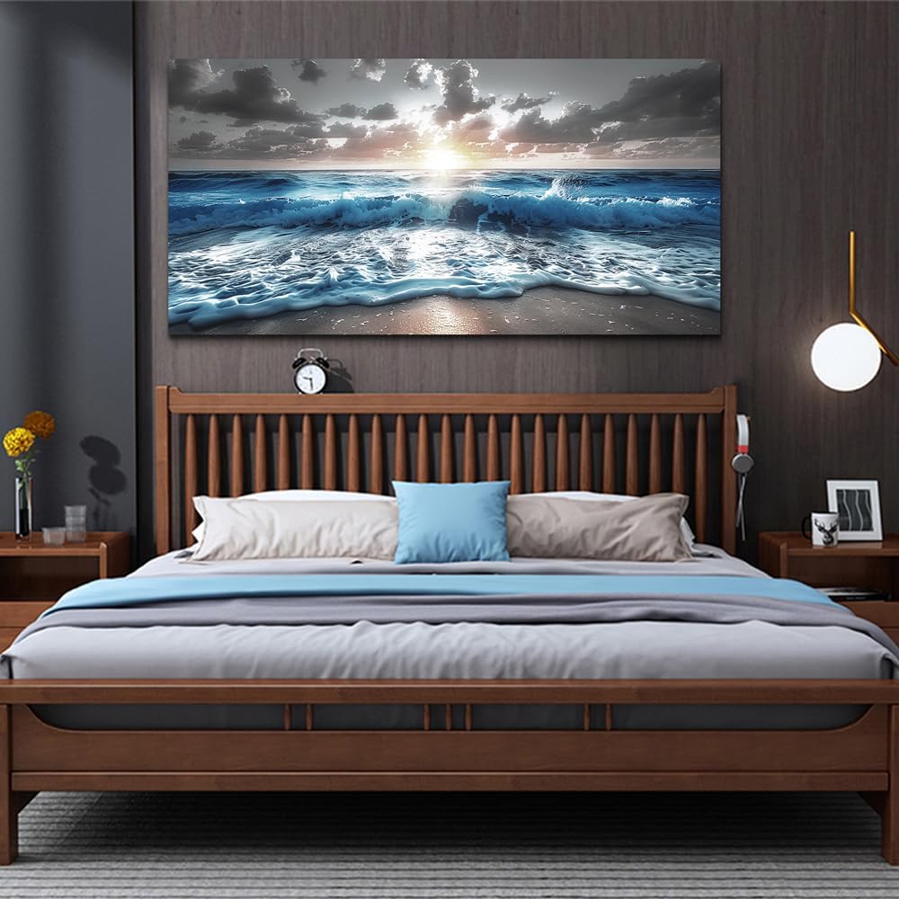 hyidecorart Blue Sea Waves Wall Pictures Framed Wall Art For Living Room Canvas Wall Decor For Office Sunshine Beach Painting Bedroom Home Decorations Prints Posters Mural Artwork Ready To Hang