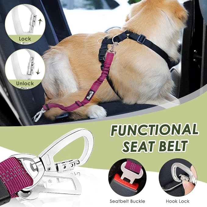Lukovee Dog Seat Belt for Car, Adjustable Dog Car Harness for Large Medium Small Dogs, Soft Padded & Breathable Mesh Dog Seatbelt with Car Strap and Carabiner(Rose Double Clip,XX-Small)