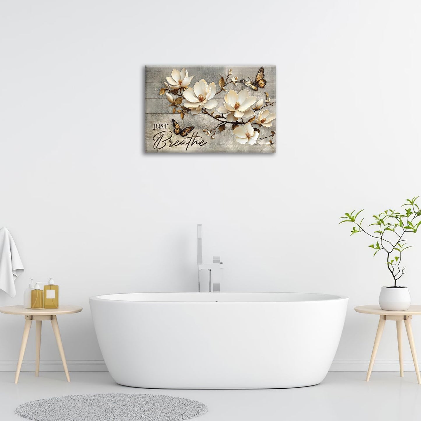 Floral Magnolia Bathroom Pictures Wall Art, Just Breathe Bathroom Wall Decor, Flower Butterfly Framed Painting Canvas Artwork for Bedroom Living Room Decorations 24"L x 16"W