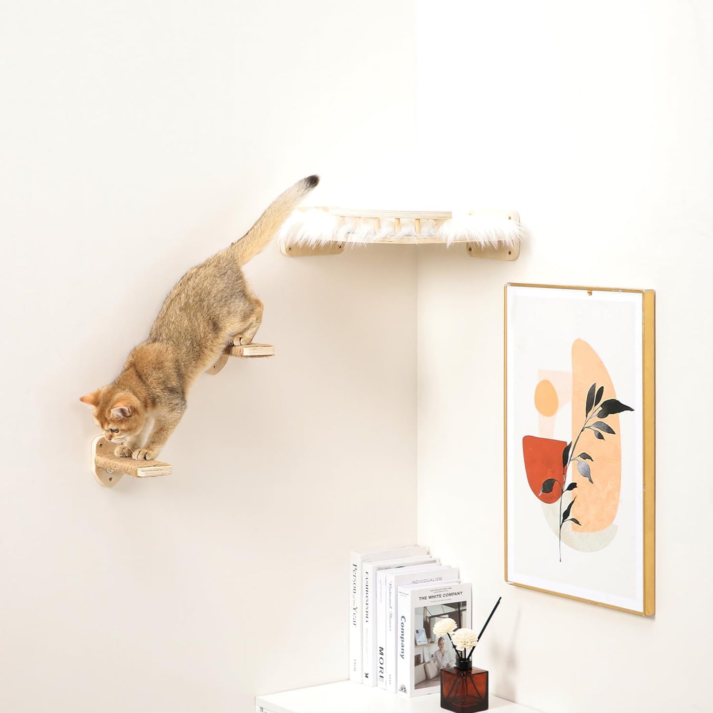 3 Pcs Cat Wall Steps, Cat Shelves and Perches for Wall, Wall-Mounted Cat Climbing Shelf with Hemp Rope Covered, Cat Wall Furniture Steps Set with Scratching Pads for Cats Playing and Climbing (Wood)