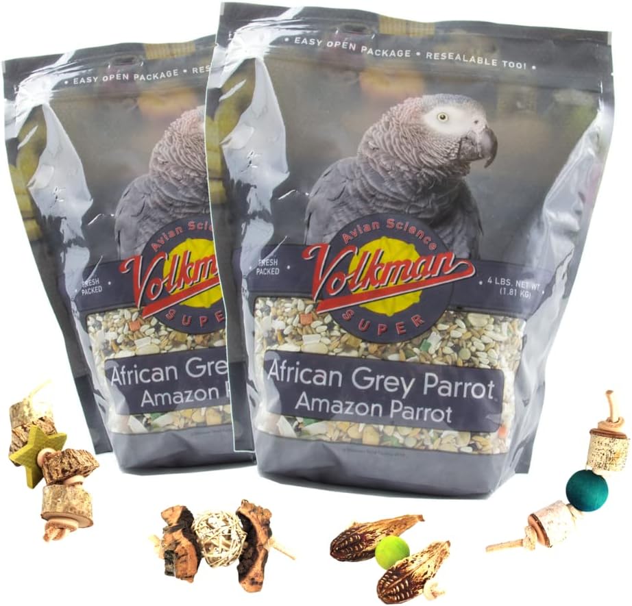 Volkman Avian Science Super African Grey Parrots Bird Food with Foot Toys, Bird Food African Grey Parrot Treats with Foot Roller - 4 Lbs. 2-Pack (1Toy, Toy May Vary)