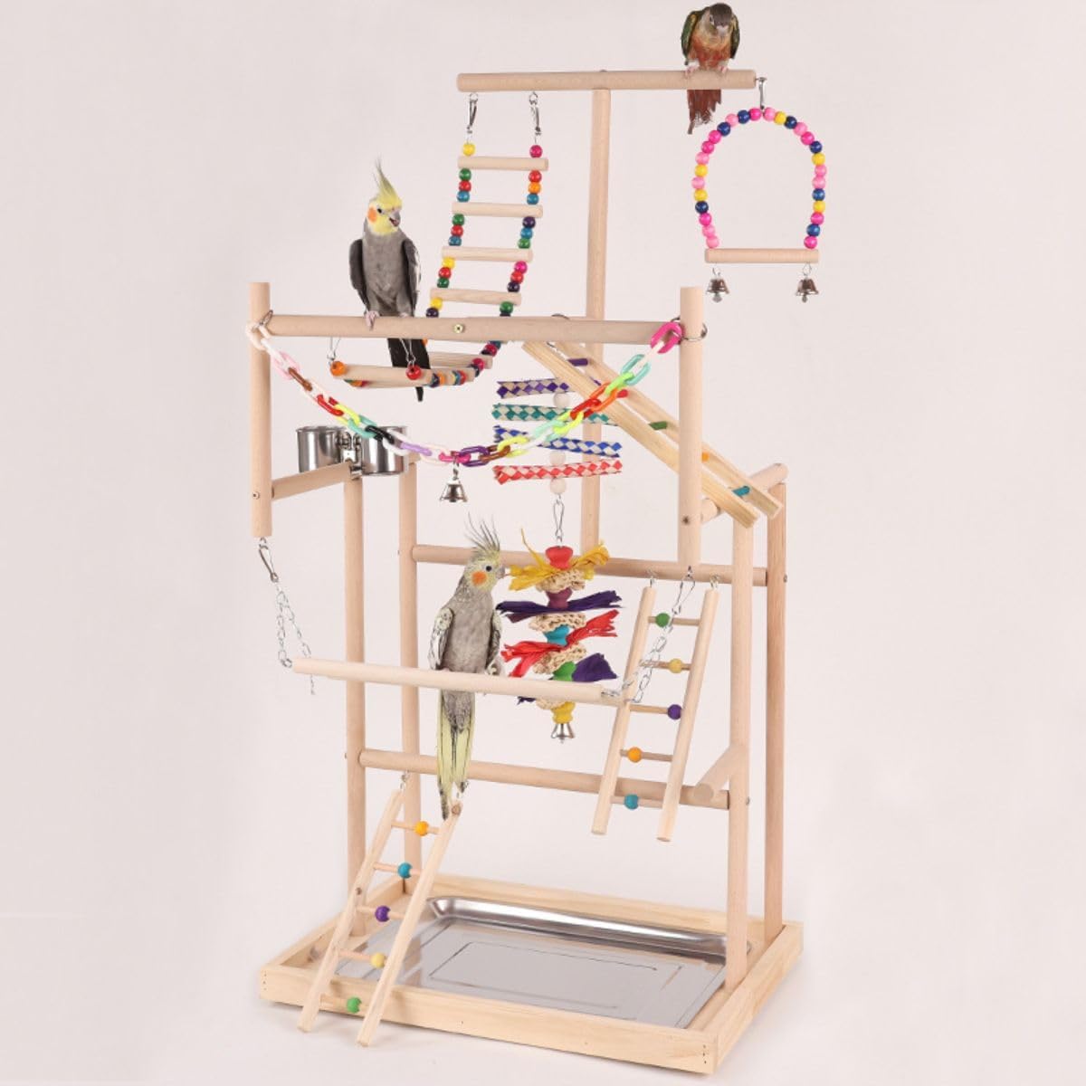 Bird Playstand Parrot Playground Wood Play Stand Gym Perch 4 Ladder Playgym with Exercise Toys Swings Feeder Cups Chewing Toys for Cockatoos Lovebirds Playgym Parakeets Cockatoo Macaw Random Color