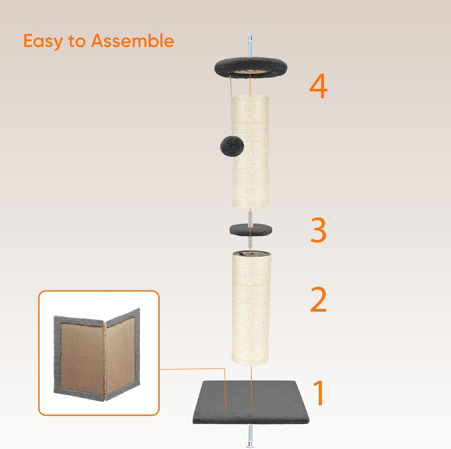 PAWSCRAT Cat Scratching Post 32" Tall, Large Diameter Natural Sisal Cat Scratch Post with Dangling Ball, Scratch-Resistant and Durable Tall Cat Scratcher for Indoor Cats, Protect Your Furniture, Grey