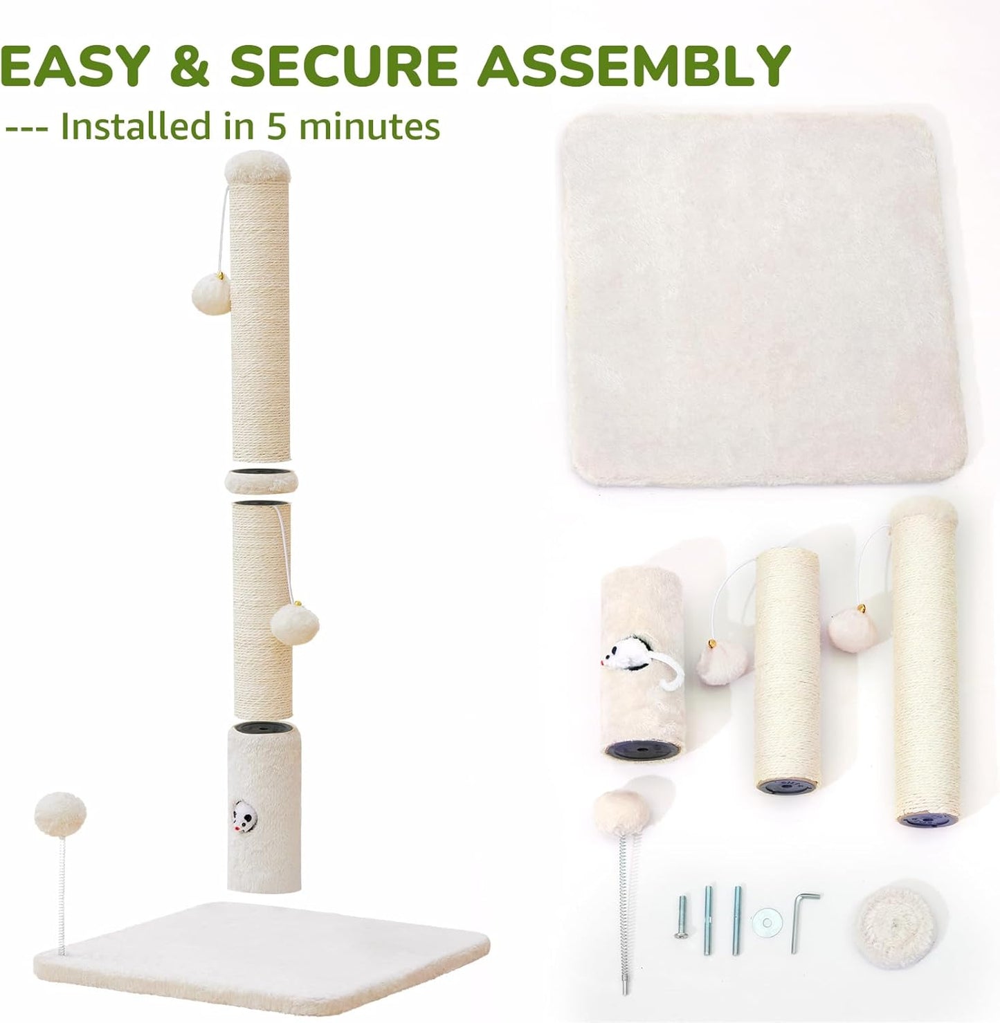 Cat Scratching Posts 33" for Adults Cats, Cat Scratcher with Soft Fabric Covering Base and Durable Sisal Rope, Scratcher with Fun Mouse Hole and Cat Toy for Tall Cats (White)