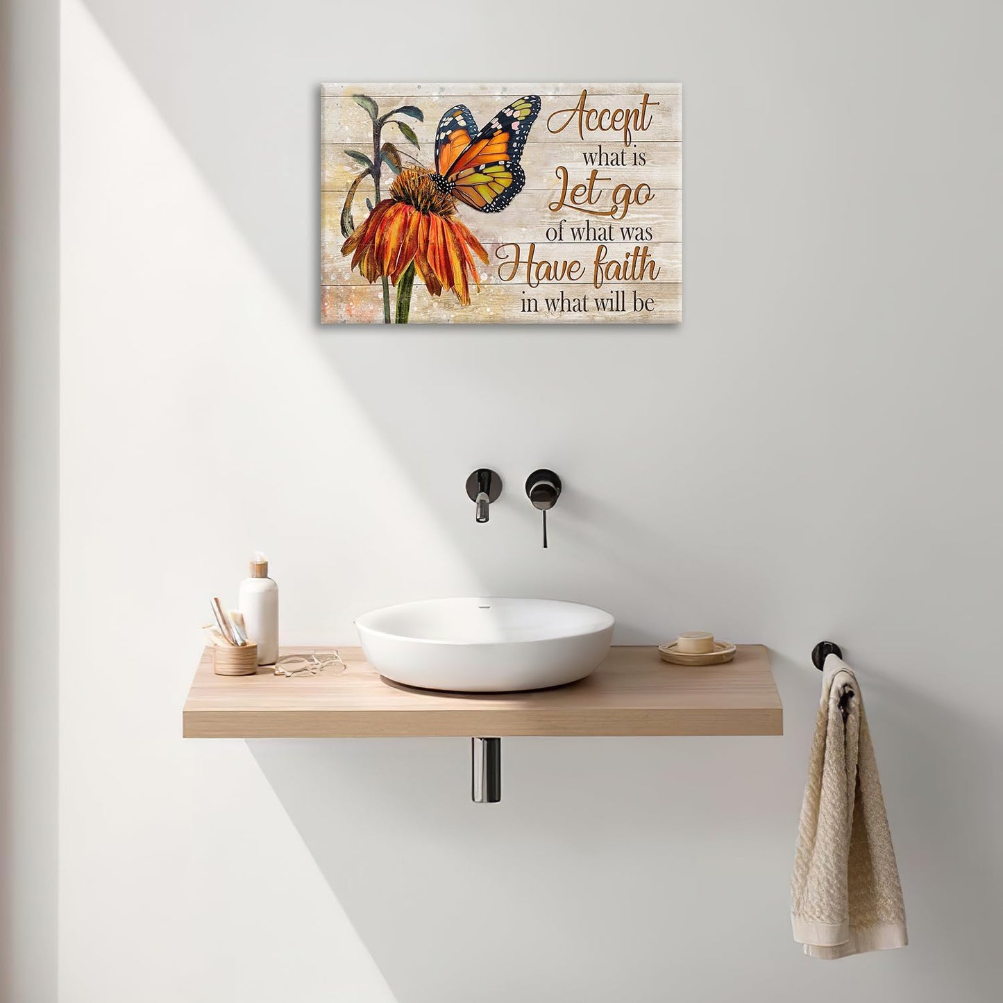 Farmhouse Butterfly Bathroom Pictures Wall Art, Rustic Floral Country Bathroom Wall Decor, Daisy Inspirational Framed Painting Canvas Artwork for Bedroom Living Room Decorations 24"L x 16"W
