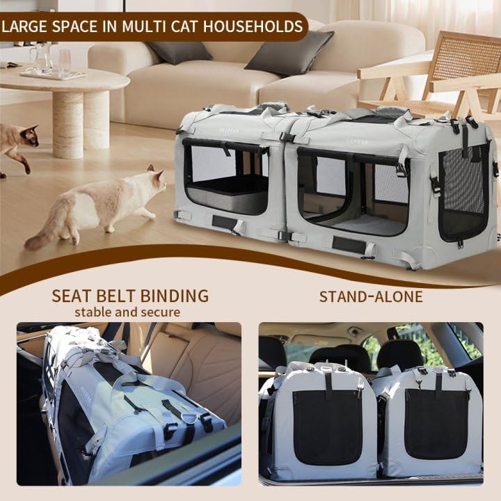 Extra Large Cat Carrier Soft Sided, Portable Small Dog Carrier for 2 Cats, 24"x16.5"x16" Car Travel Folding Comfortable Design with Litter Box and Bowls, Grey-2+ Litter Box+ Bowl*2