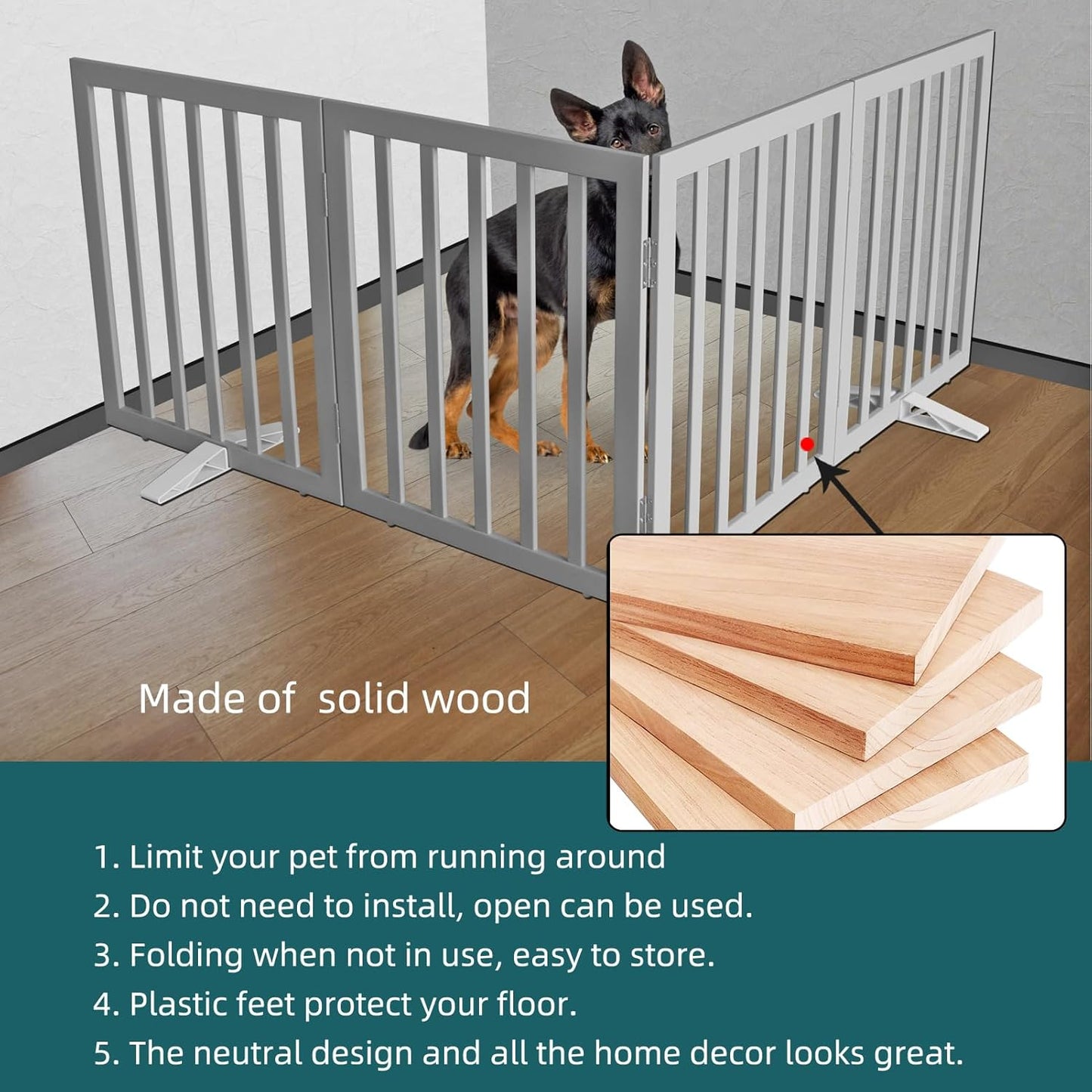 ZJSF Freestanding Indoor Dog Gate for House Foldable Wood Puppy Gate for Doorways Pet Gate for Stairs Extra Wide Pet Fence, Grey, 24" Height 3 Panels