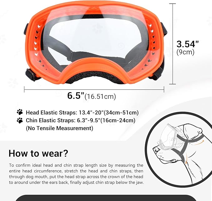 NAMSAN Clear Dog Goggles for Large Dogs, Wide Eyecup & Soft Frame, Anti-UV Sunglasses for Dogs Medium to Large Breed, Driving Dog Eye Protection, Windproof Dustproof, Adjustable, Orange