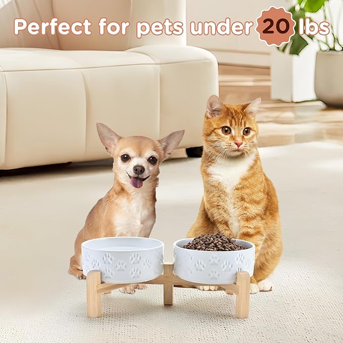 SPUNKYJUNKY Elevated Dog Bowls Ceramic, 5.1'' Dogs and Cat Food Water Bowls Raised with Non-Slip Bamboo Stand for Puppy Small Sized Breed Microwave Dishwasher Safe - 13.5 OZ,Paw White