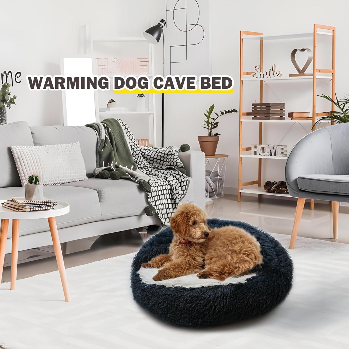 Cat Bed for Indoor Cats, Calming Cozy Cave with Self-Warming Plush, Entire Bed Machine Washable & Anti-Slip Base, Breathable Pet Bed for Small Cats&Dogs All Seasons (Dark Gray, 24 * 24inch)