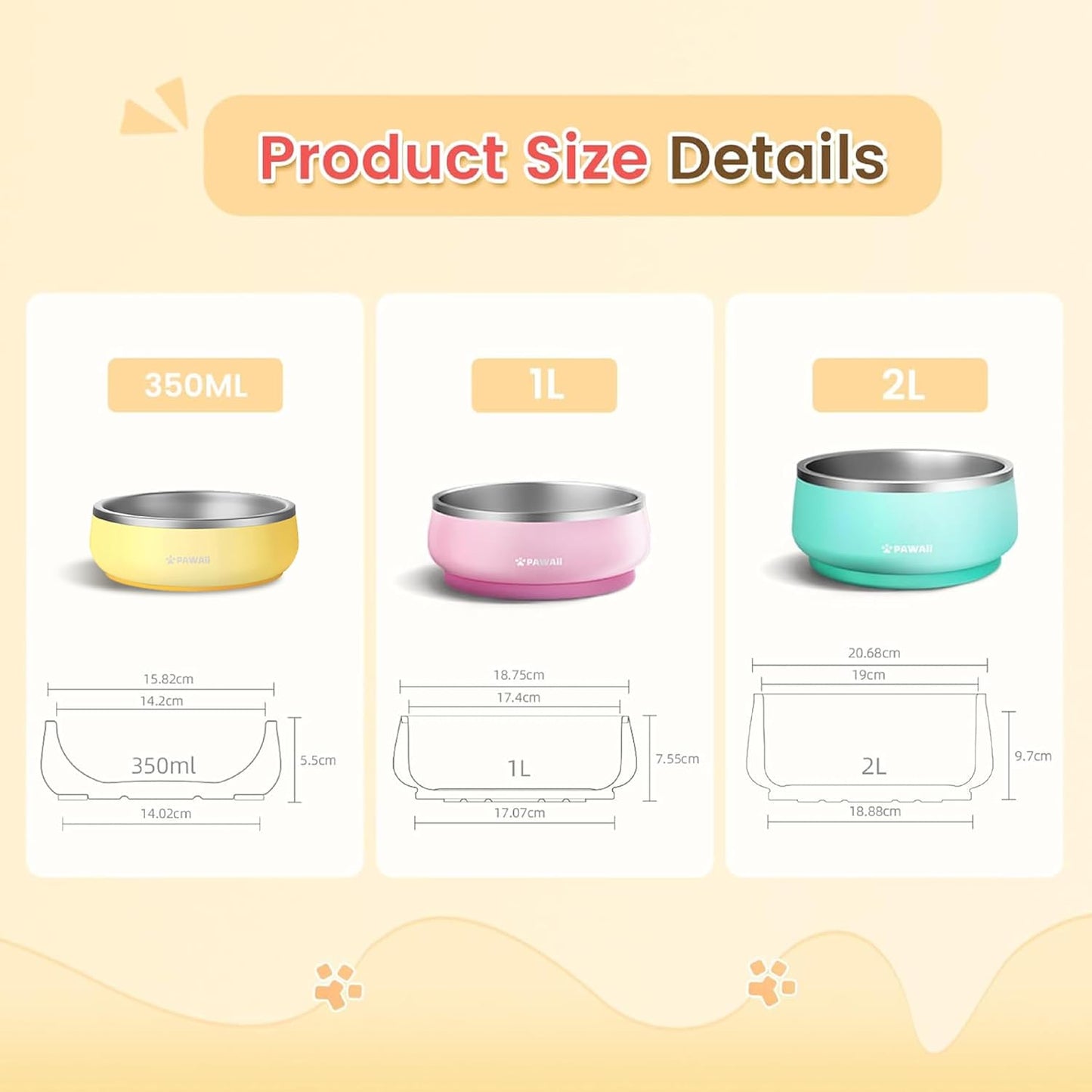 Pawaii Small Dog Bowls, 12 oz. Food Water Bowl Designed for Puppies and Cats with Non-Slip Rubber Base, Upgraded Metal Insulated, Double Stainless Steel Bowls, Cheese Yellow