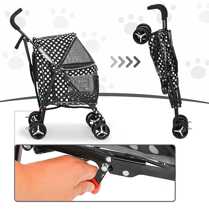 MoNiBloom 4 Wheels Pet Stroller, Easy-Fold Umbrella Shaped Dog Cat Jogger Stroller w/Storage Bag & Visible Mesh for Small/Medium Dogs Cats Black Polka Dots