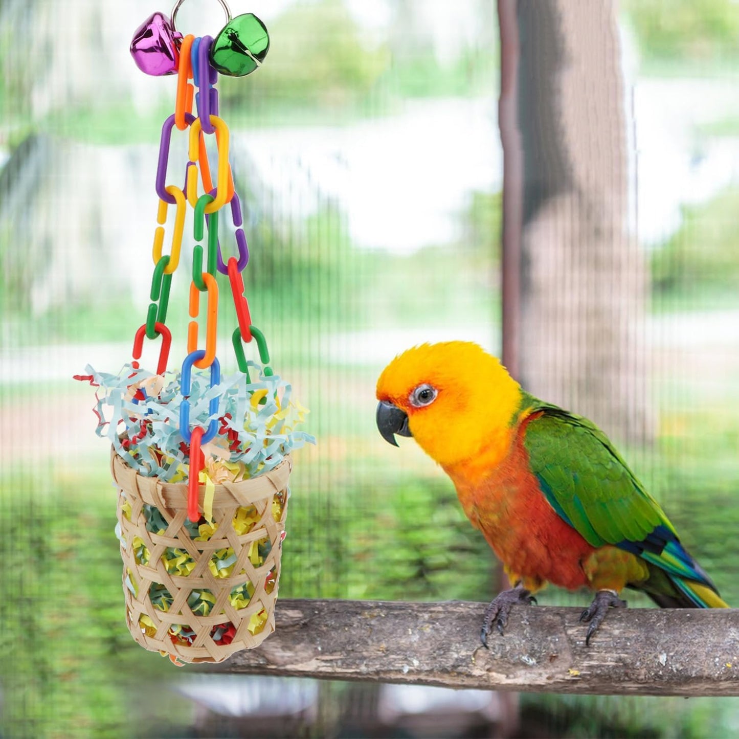 Wontee Bird Toys Colorful Shredding Crinkles Foraging Toys Natural Sola Ball for Parrots Cockatiels Conures Parakeets Budgies Senegal (Bamboo Basket (1 Pack))