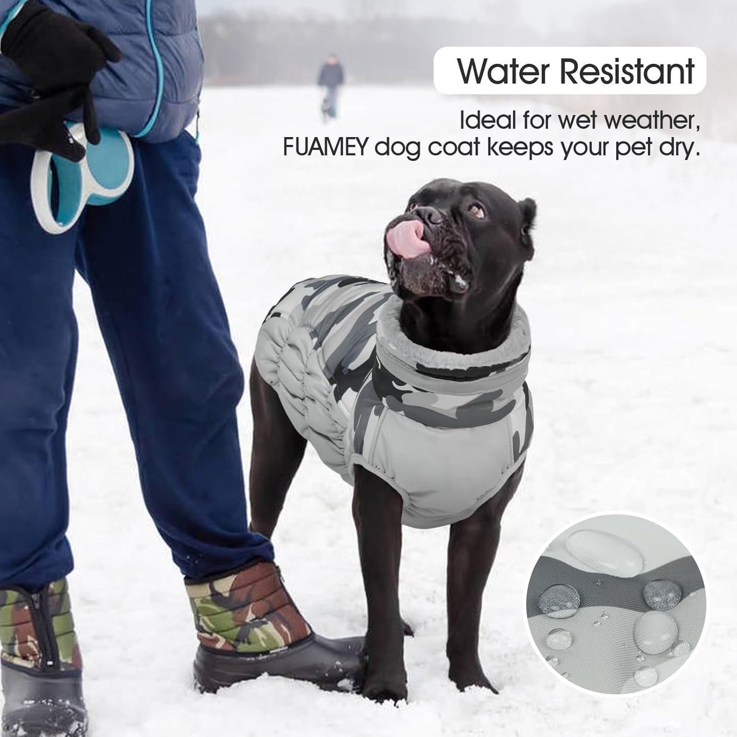 FUAMEY Dog Coat for Small Dogs,Waterproof Dog Winter Jacket with Harness Built in Puppy Cold Weather Coats Reflective Pet Vest with Zipper Warm Fleece Dogs Snowsuit Windproof Grey Camo S