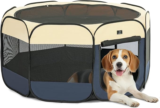 A 4 Pet Portable Dog Playpen, 49” Playpen for Dogs with Bowl, Suitable for Puppies, Kittens, and Small Animals, Removable Zipper & Mesh Panel(19”W × 12”H)