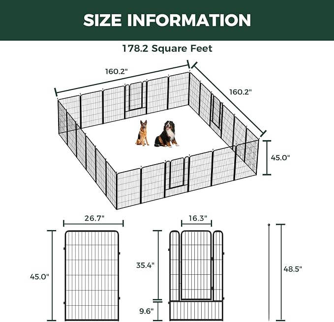 FXW Rollick Unleashed Dog Playpen for Indoor, Yard, RV Camping, 45 inch 24 Panels for Large Dogs, Black│Patented