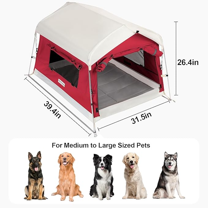 Dog Tent Cotton Fabric, Aluminum Poles and Camping Mat, Outdoor Weatherproof, Dog House Outdoor, Breathable with 2 Side Windows, Portable and Collapsible (Red, Large)