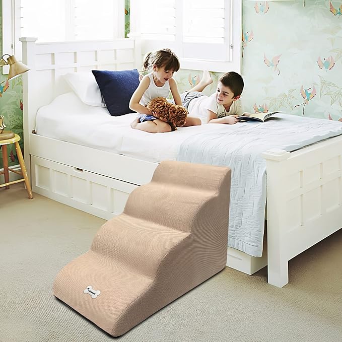 Dog Stairs, Removable and Washable Pet Stairs, 4-Steps Non-Slip Pet Ramp, Dogs Steps for High Bed Sofa, High Resilience Sponge Dog Stairs(Light Brown)