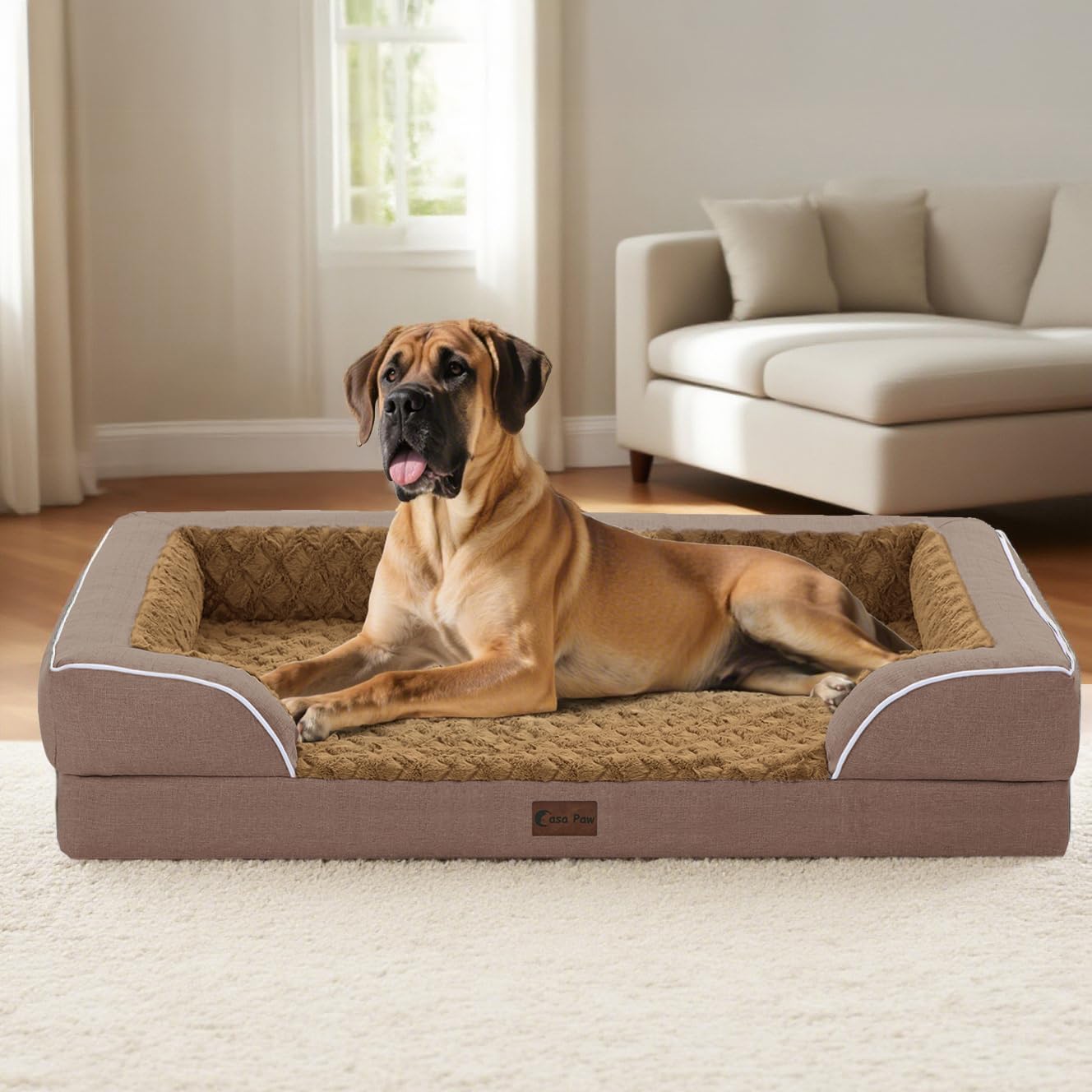 Orthopedic Dog Beds, Waterproof Memory Foam Large Sized Dog Bed with Sides, Non-Slip Bottom and Egg-Crate Foam Big Dogs Beds with Removable Washable Cover(Large,Brown)