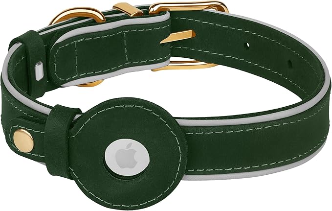 OOPSDOGGY Reflective Geniune Leather Airtag Dog Collar Soft Padded Collars for Small Medium Large Breed Dogs Puppy, 4 Sizes, 7 Colors (Green, Large, 15"-19")