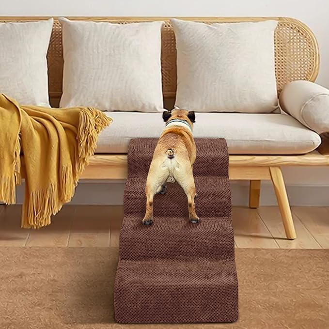 Dog Stairs for Small Dogs - High Density Foam Pet Steps, Extra Wide Dog Ramp with Non-Slip Bottom for High Beds, Couch and Sofa, Best for Dogs Injured, Older Doggy Cats,4 Steps, Brown