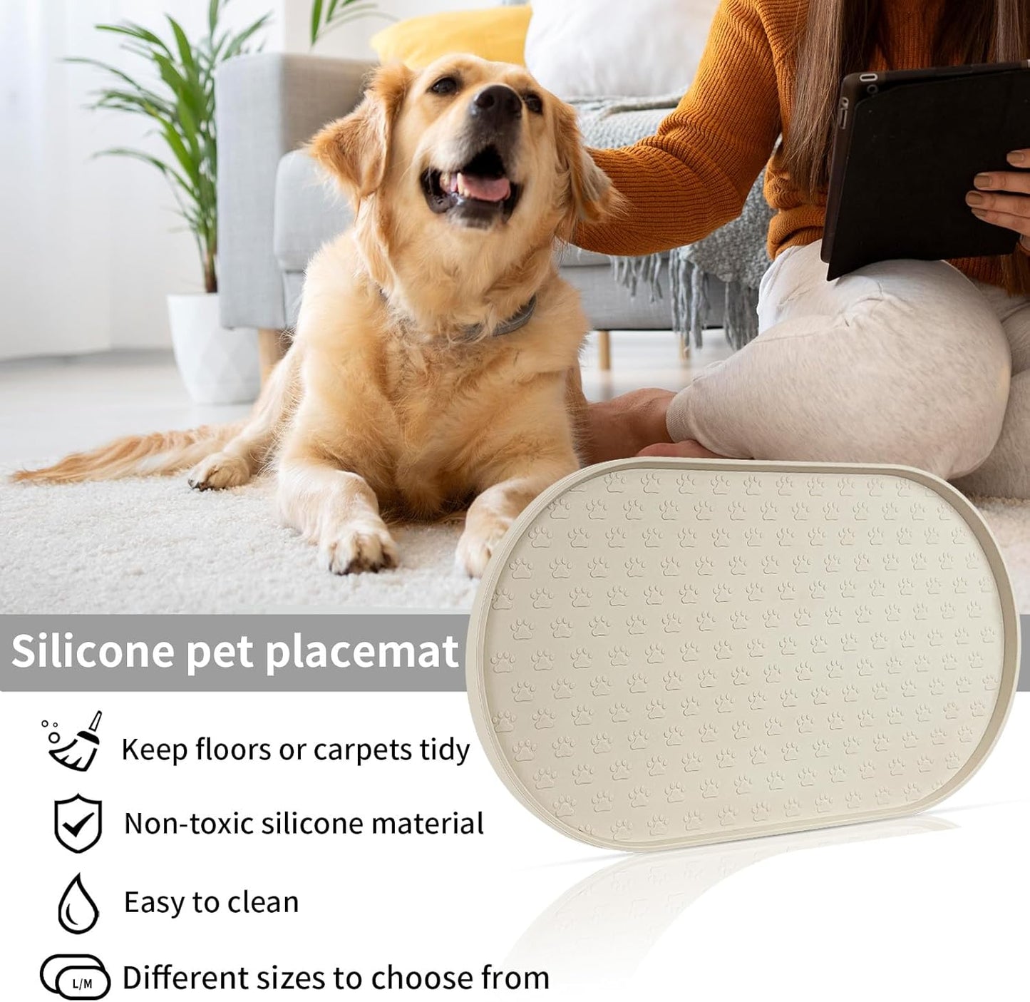 KPWACD Pet Placemat for Dog and Cat, Anti-Slip Waterproof Dogs Feeding Bowl Mat Prevent Food and Water Overflow, Silicone Puppy Dish Mats Suitable for Small Medium Big Pets, Beige, 24" * 16"
