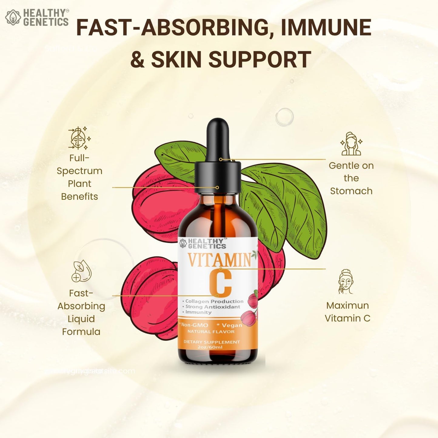 Vitamin C Supplement | Liquid Vitamin C Liquid Drops for Adults & Kids | Acerola Cherry | Immune Support Supplement | Antioxidant | Skin | Vegan | Non-GMO | Gluten Free | 2 Fl