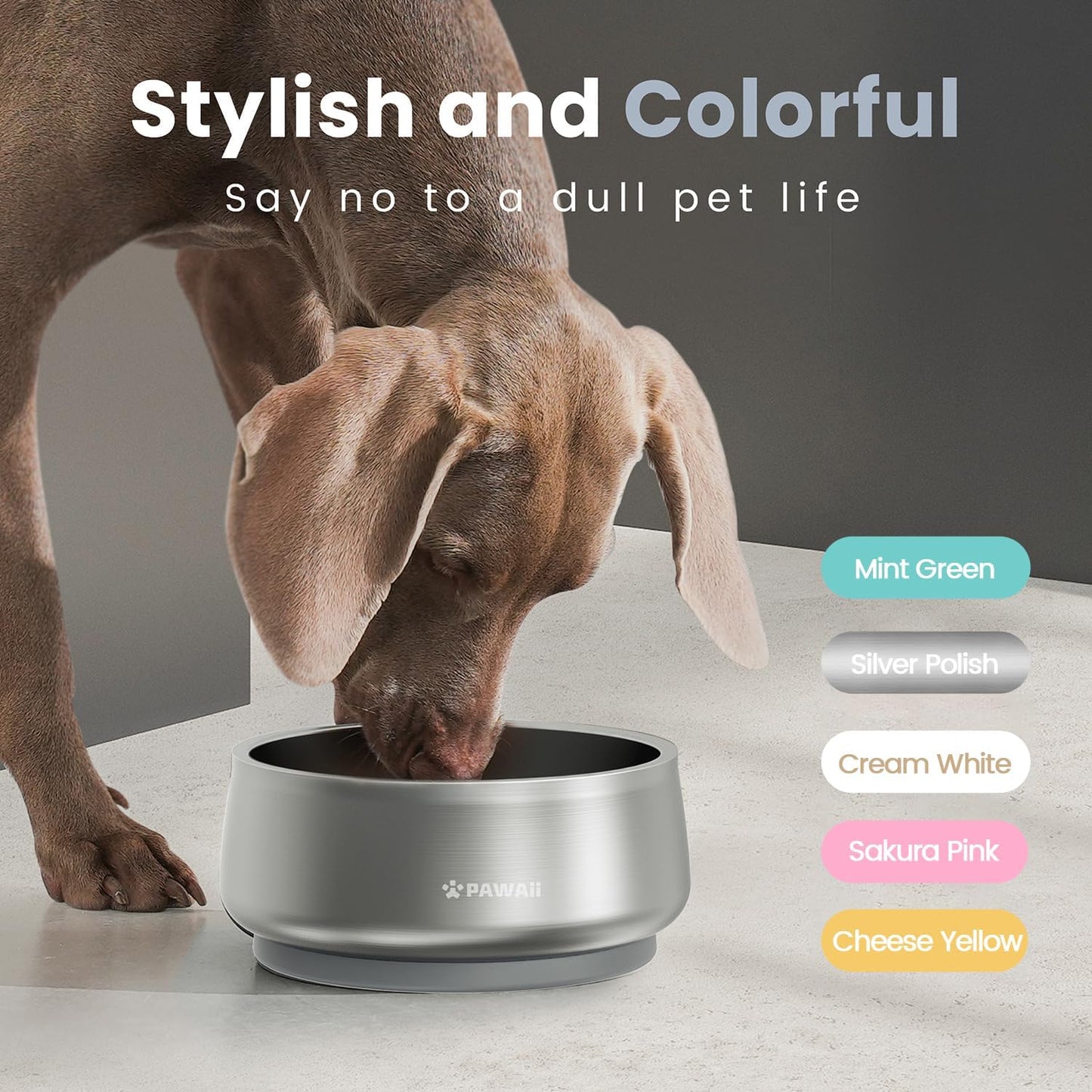 Pawaii Stainless Steel Dog Bowl with Non-Slip Rubber Base & Double Wall Insulation - Durable Design | Includes ID Tag | Dishwasher Safe Food & Water Bowl for All Dogs (34oz)