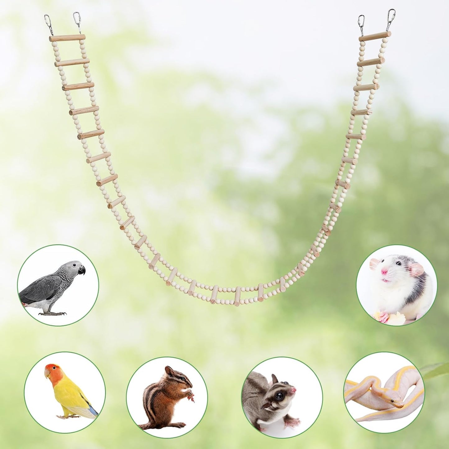 Long Bird Ladder with Wooden Rungs and Beads, Parakeet Climbing Swing Toys, Bird Cage Accessories, Wooden Climbing Bridge Toys for Parrots, Rat, Sugar Gliders, Squirrels, Snakes