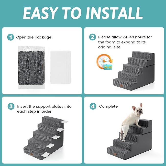 Dog Stairs for Small Dogs, 5 Tier Removable Wider Pet Stairs for Couch and Bed, 23.6" H Non-Slip Dog Steps for Puppies and Old Cats with Support Board, 29.5x19.7x23.6 inch, Dark Grey