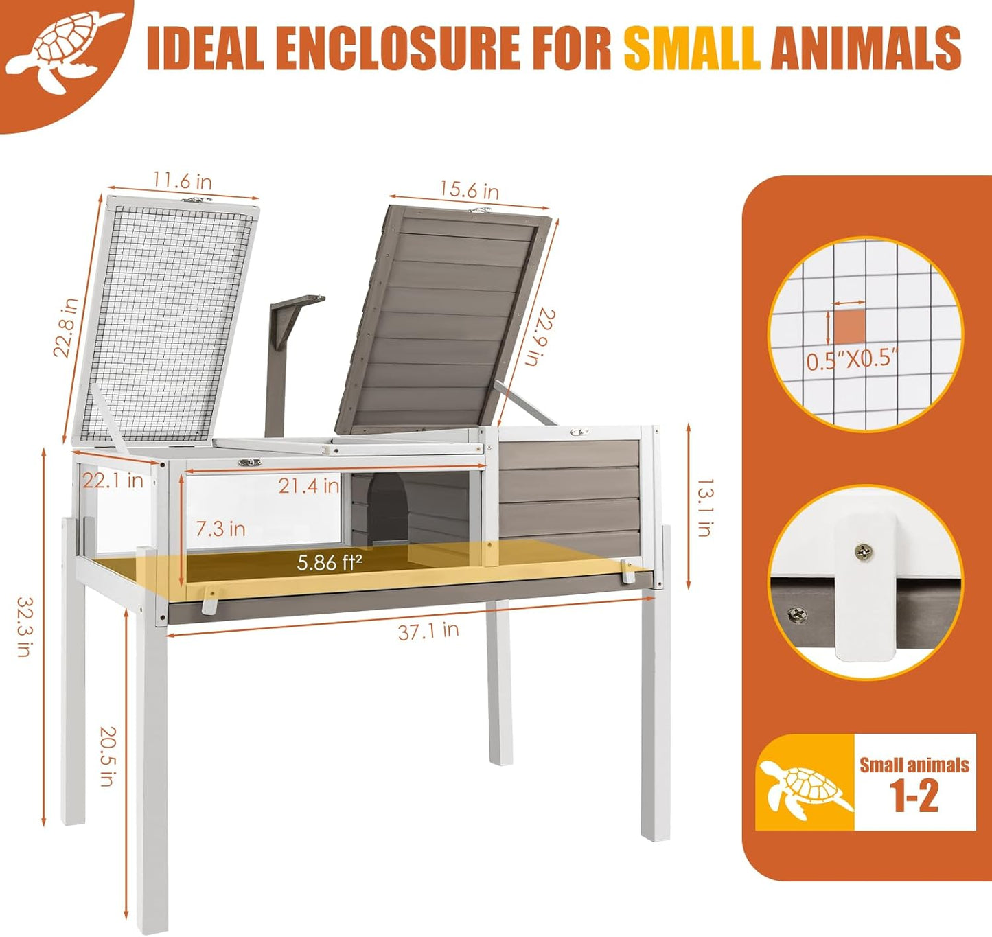 Tortoise Habitat Large Wooden Tortoise Enclosure Habitat with No-Leaking Tray Indoor & Outdoor, Reptile Cage for Small Animals TOR03-Grey