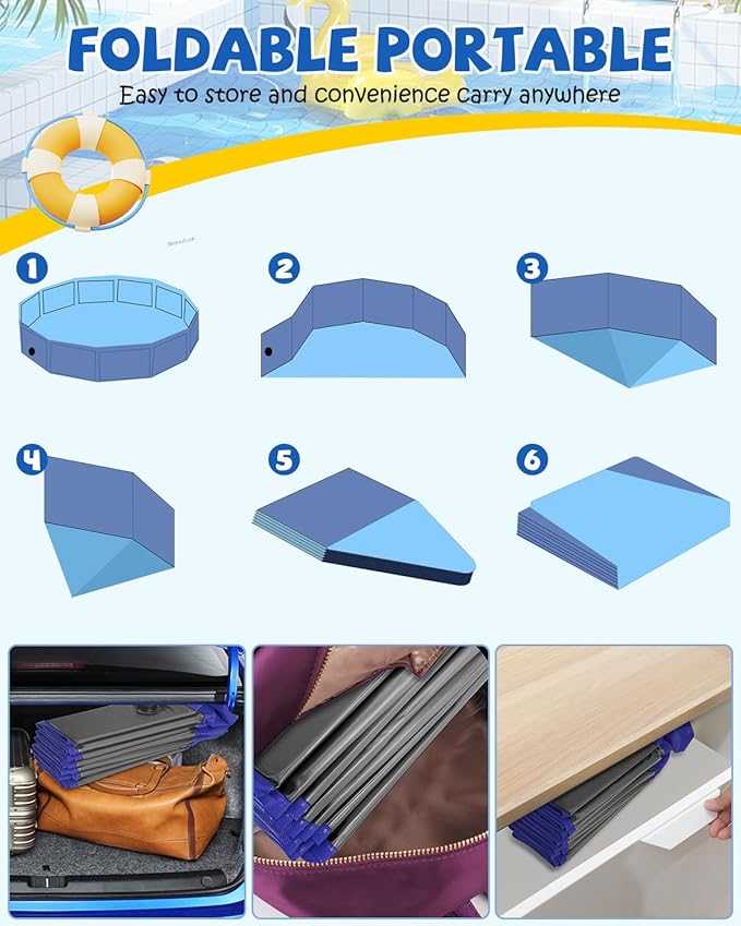 YSJILIDE Portable Dog Pool PVC Pet Swimming Bathtub Collapsible Hard Plastic Pool for Pets to Swim and Bath (XL-63"x 12"Dark Grey)