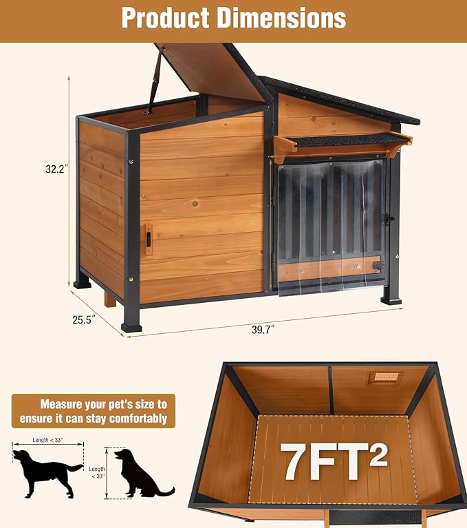 GUTINNEEN Dog House Outdoor with Anti-Chewing Metal Frame, Wooden Dog Kennel with 360Β° Rotating Feeding Bowl, Weatherproof Roof, for Indoor & Outdoor Use - Natural Wood Color