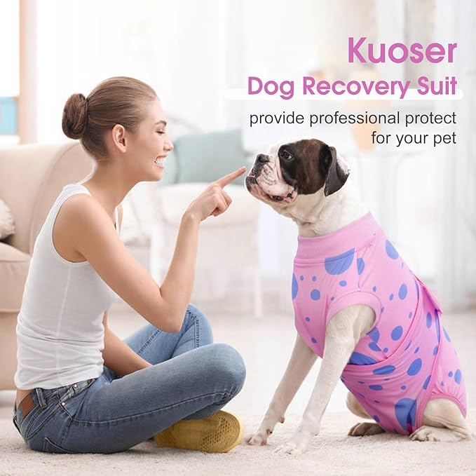 Kuoser Dog Surgery Recovery Suit, Anti Licking Pet Surgical Suit for Dogs Male Neuter, Female Dog Surgery Suit for Spay Subsititute E-Collar Cone, Dogs Body Suits After Surgery Pink Polka Dot XS