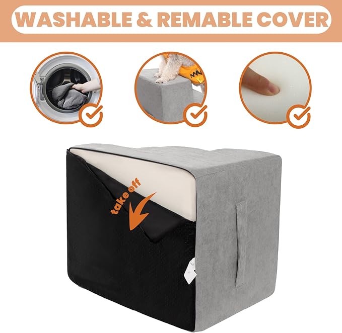 MEWANG Dog Stairs for Small & Medium Dogs and Old Cats –3/4/ 5 Steps High-Density Foam Pet Ramp for Bed & Couch, Non-Slip, Washable Cover, Grey (Round Corner, 3 Steps: 17.95''×14.96''×13.70'', 2)