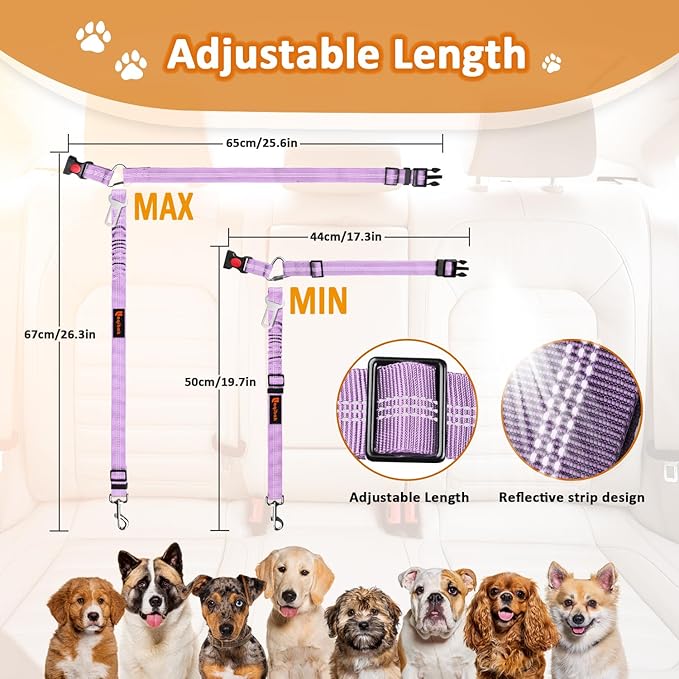 Removable Dog Seat Belt Harness for Car, 3 in 1 Pet Dog Car Seatbelt Leash, Retractable Restraint Secures to Vehicle Headrest & Adjustable Reflective Bungee Dog Seatbelt Tether, Purple and Black