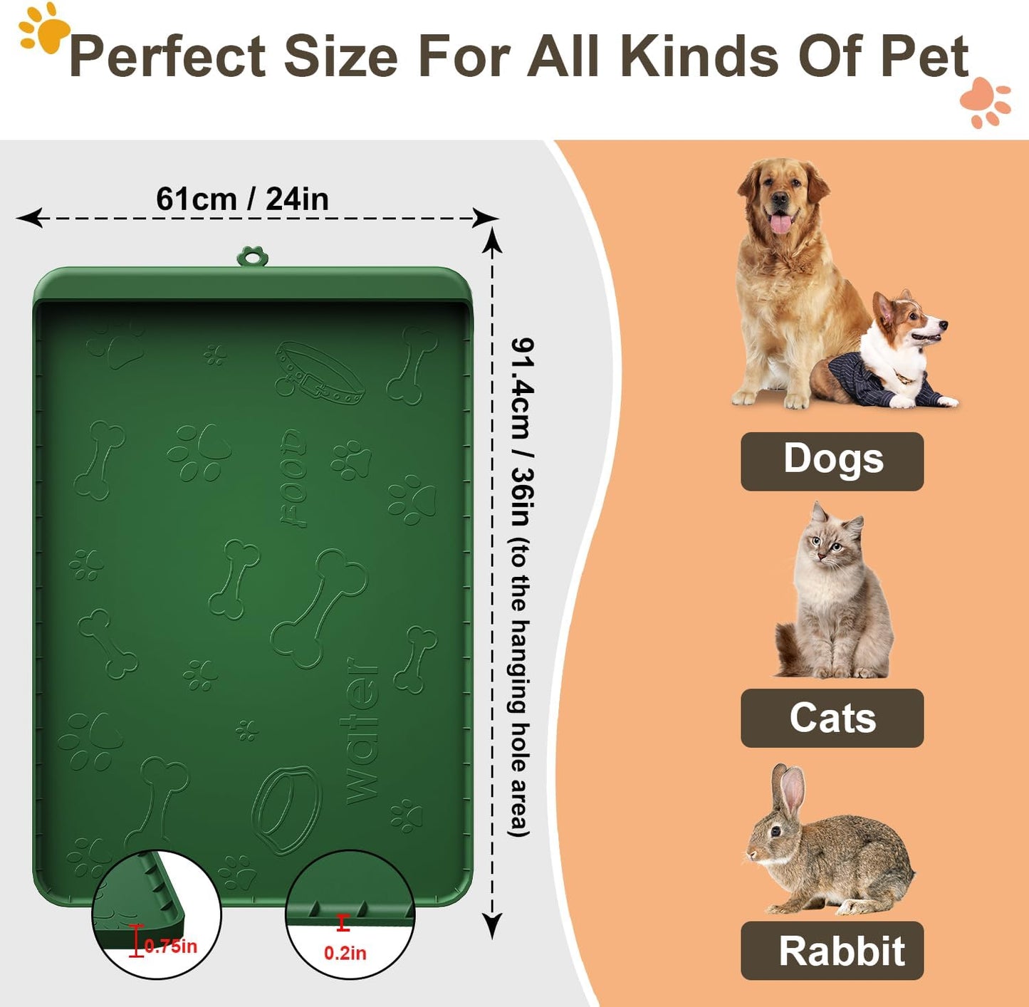 Dog Food Mat - Silicone Dog Mat for Food and Water - 36" x 24" Large Pet Feeding Mats with Residue Collection Pocket - Waterproof Dog Cat Bowl Mat with High Edges to Prevent Water Food Spills (Green)