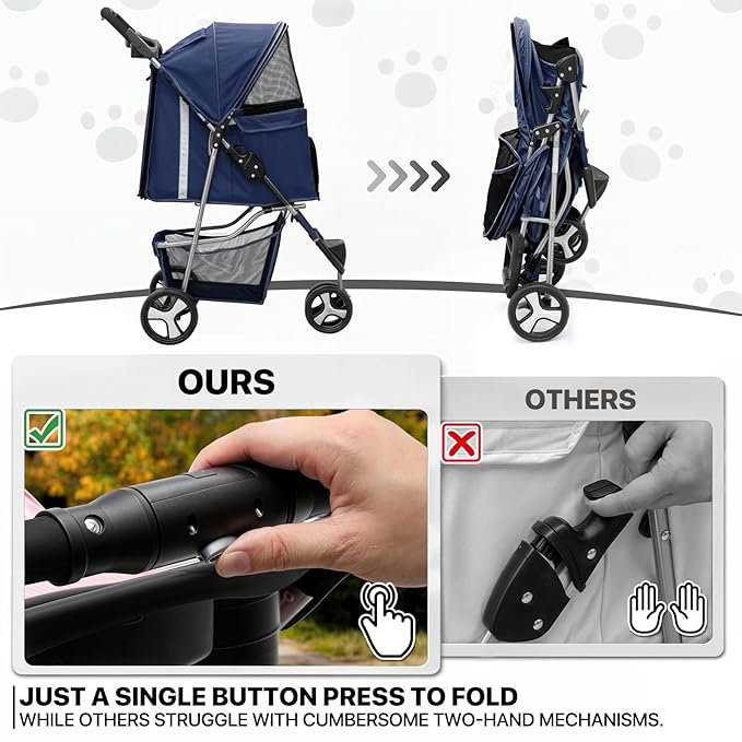 MoNiBloom 3 Wheels Pet Stroller, Foldable Dog Cat Cage Jogger Stroller with Weather Cover for All-Season, Storage Basket and Cup Holder, Breathable and Visible Mesh for Small/Medium Pets, Blue