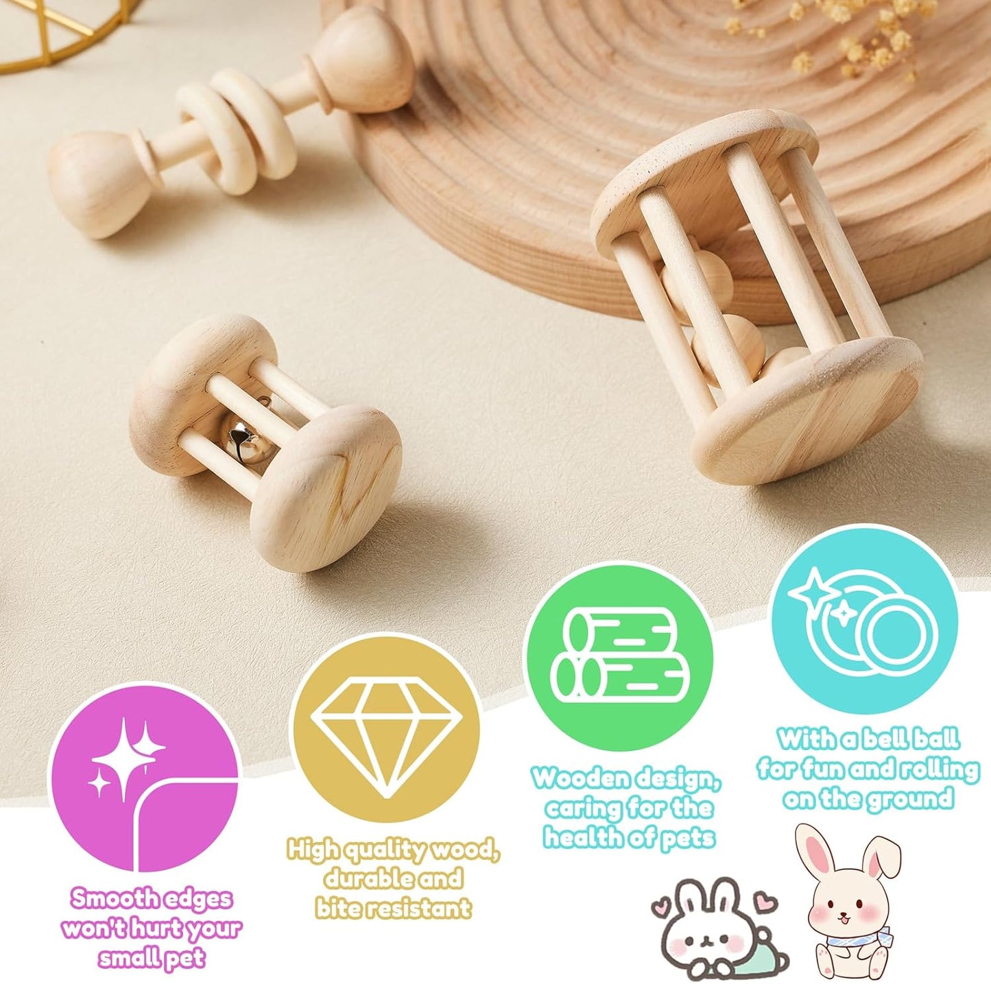 3 Pcs Wooden Bunny Toys - Safe Rabbit & Guinea Pigs Teeth Grinding Toys for Chinchillas, Hamsters & Small Animals - Indoor & Outdoor