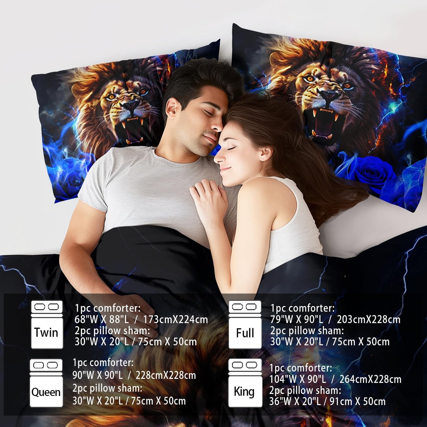 Lion Blue Comforter Set King,Lion Bedding Set Boys,Animal Print Comforter Bedroom Decor for Home,Vintage Floral Quilt,Blue Flower Bedding Adult,Tiger Quilt Bed Decor Teen