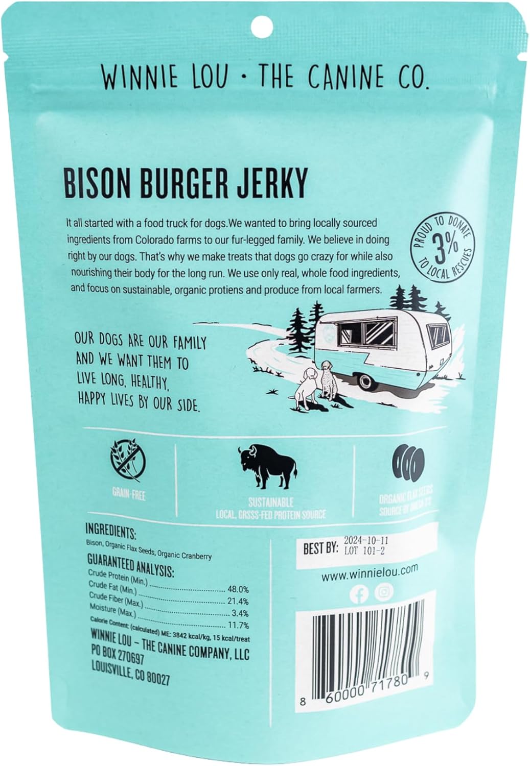 Winnie Lou Bison Burger Jerky Dog Treats – Limited Ingredient, Human Grade, Training Treats for Small, Medium & Large Dogs, Made in USA (2 Pack)