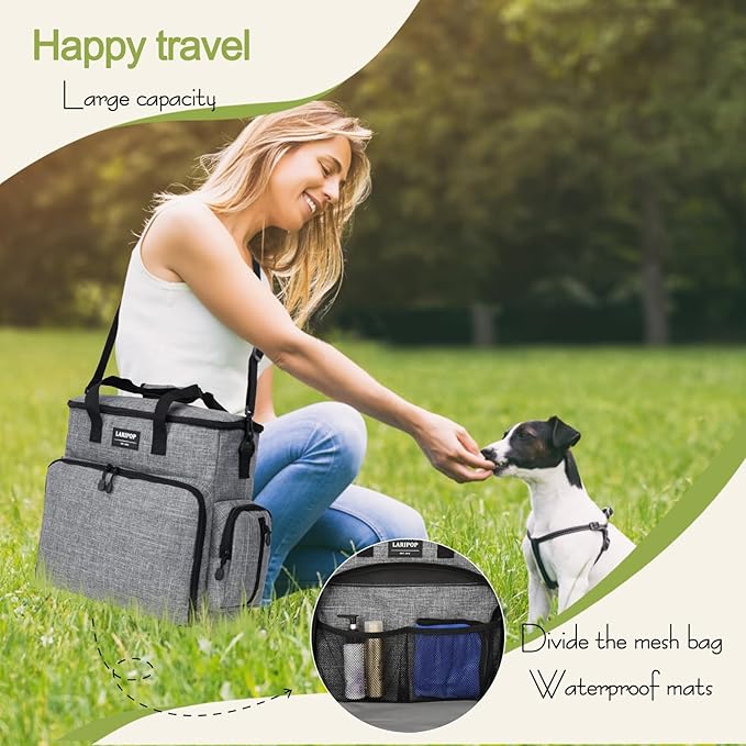 Dog Travel Bag,Weekend Pet Travel Bag Set for Dog and Cat,Airline Approved Tote Multi-Function Dog Bags for Traveling,Include 2 Collapsible Bowls,2 Food Storage Containers,1 Feeding Mat,Gray