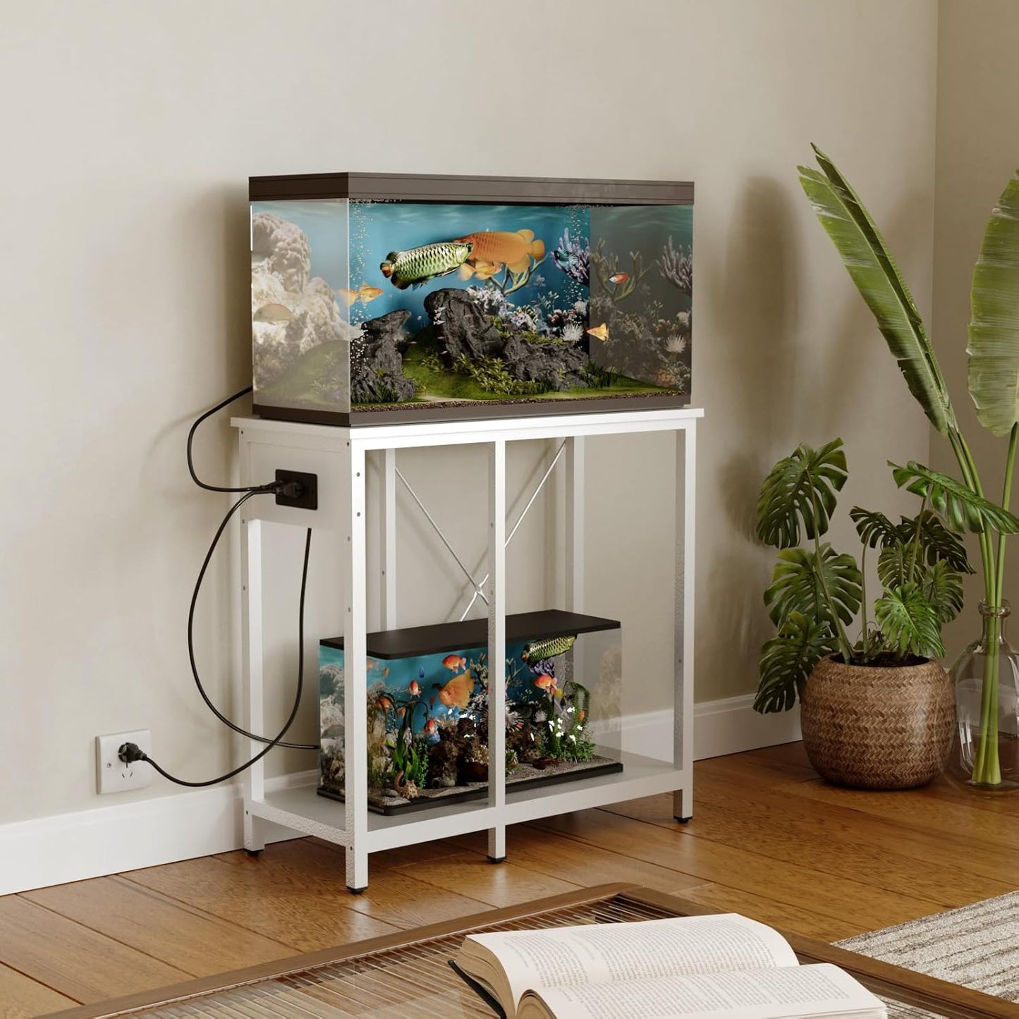 20-29 Gallon Fish Tank Stand with Power Outlet & LED Light, Metal Aquarium Stand with 3 Tier Adjustable Storage Shelves, Tank Stand for Reptile Tank, Turtle Tank, 30.7" L*13.8" W, White